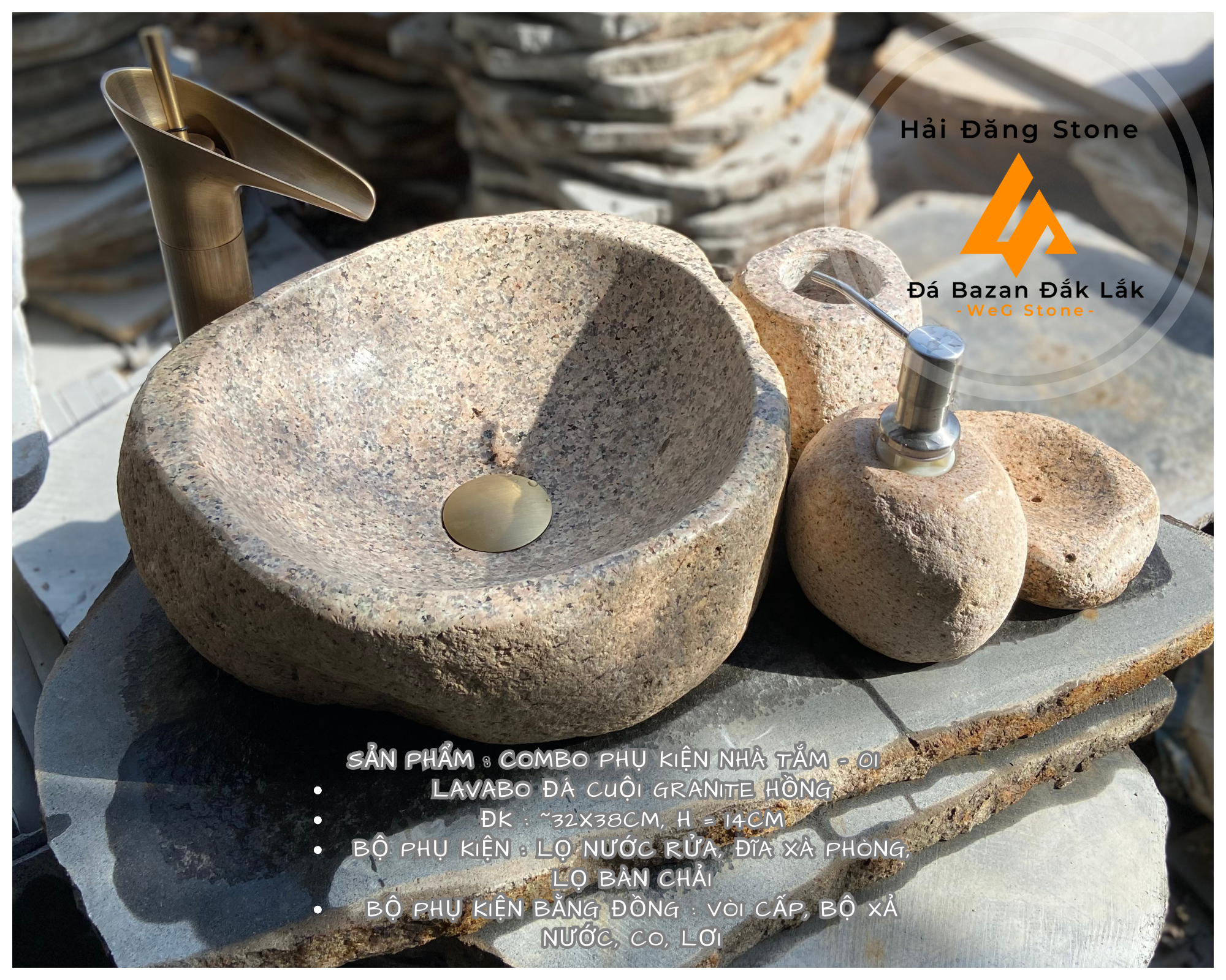 COMBO LAVABO ĐÁ CUỘI ĐẦY ĐỦ PHỤ KIỆN - ĐÁ CUỘI GRANITE MÀU